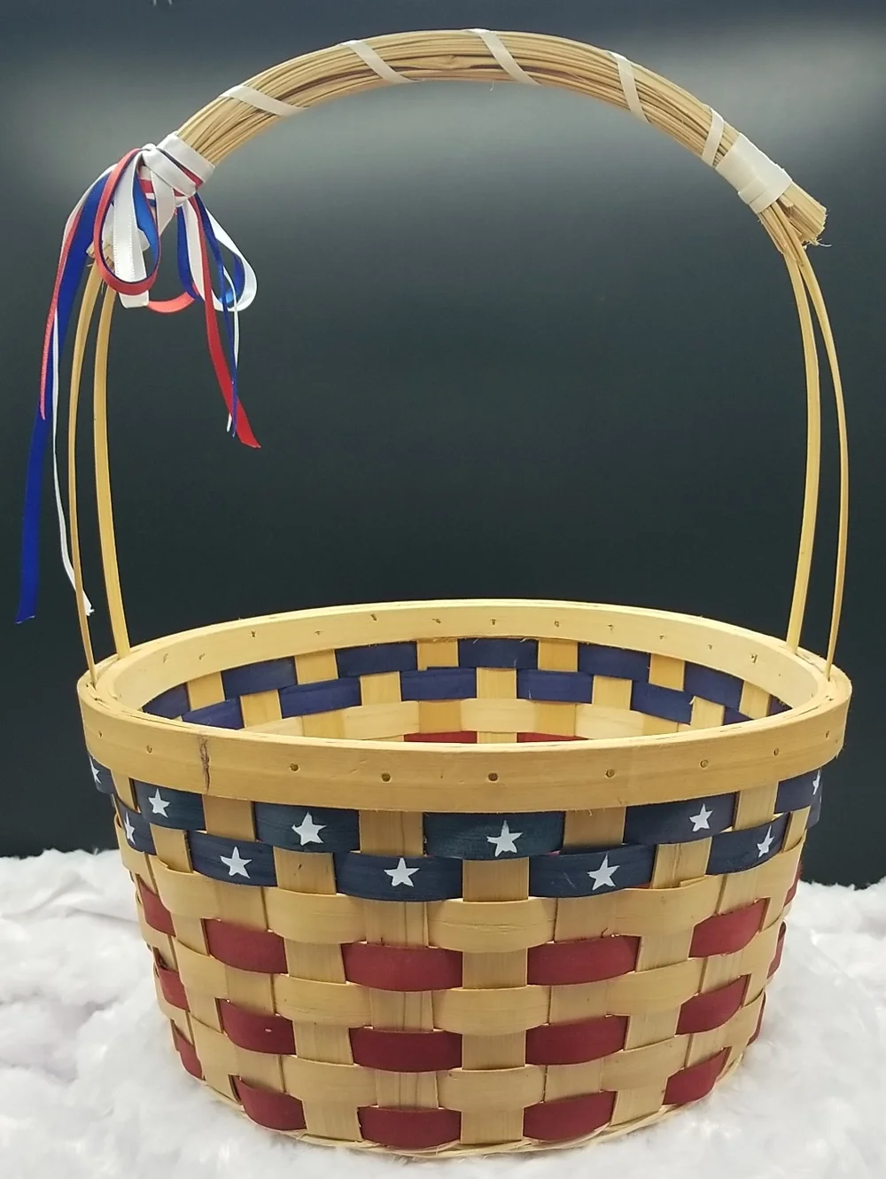 Vintage Handmade Round with Handle Red, White & Blue USA Flag Patriotic Basket